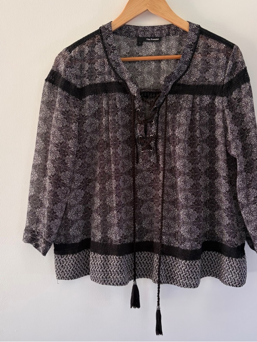 The Kooples Size Large Black & Gray Lace-Up Patterned Sheer Blouse Boho Flowy - Picture 5 of 14